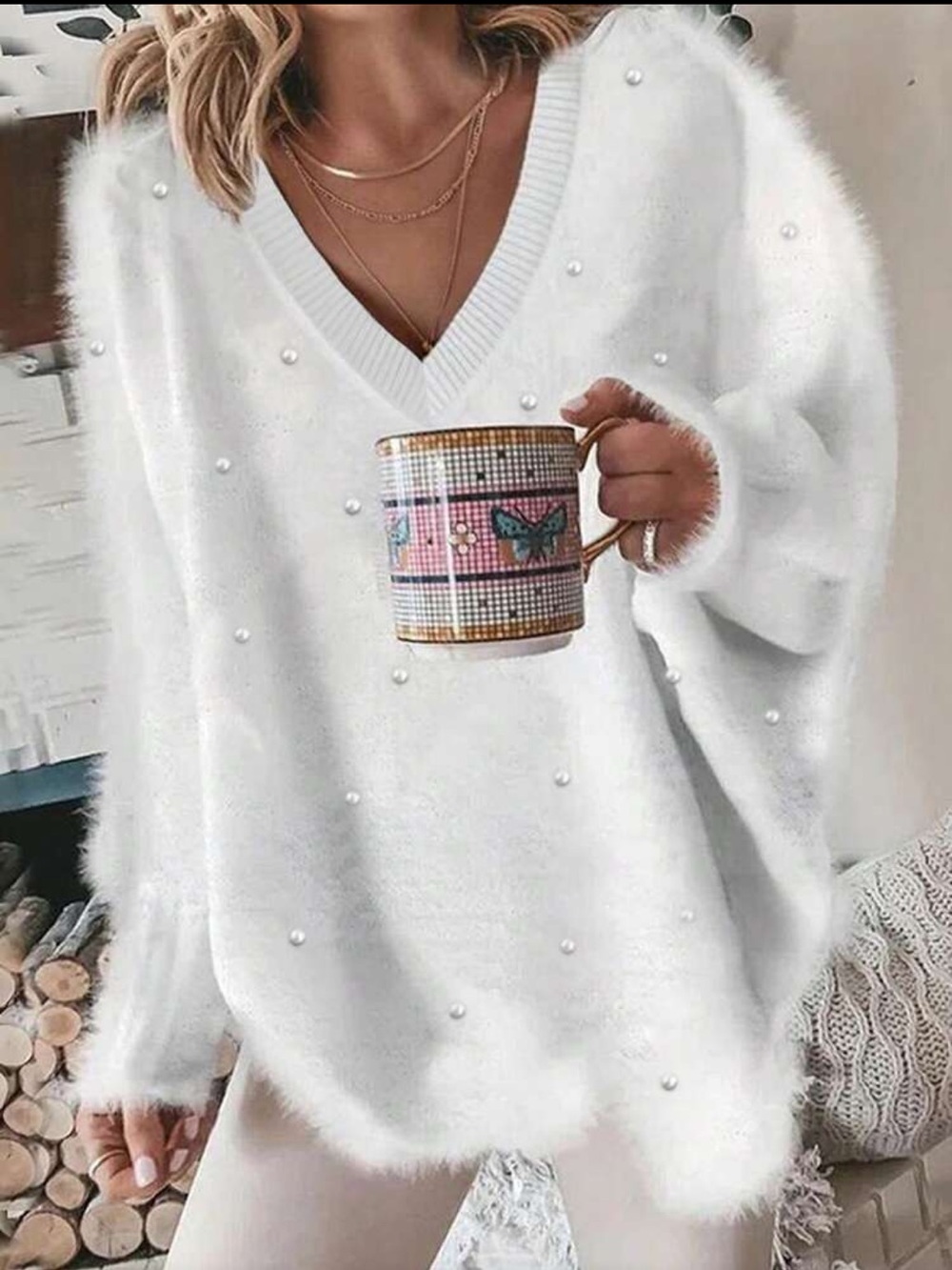 NWOT: White Faux-Fur Pearl V-Neck Women’s Sweater